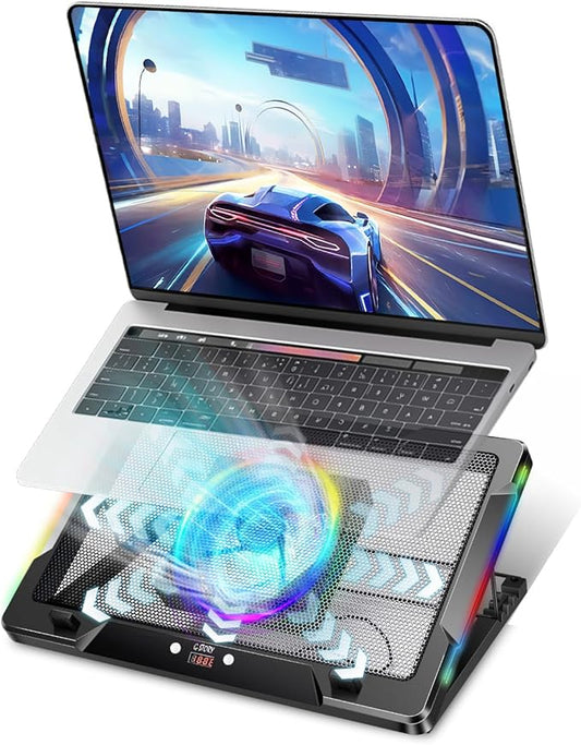 G-STORY Gaming Laptop Cooling Pad with Movable Fan and Automatic Speed Adjustable by Temperature,Music Sync RGB Light,Low Noise Laptop Cooler 3 Speed 1500/1750/2000RPM(140MM) Stand 12–18" Notebook