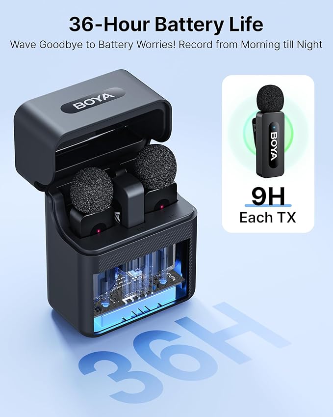 BOYA V3 Combo Wireless Microphone for iPhone/Andriod/PC/Laptop with USB-C/Lightning Port, 36H Battery Life with Charging Case, Noise Canceling Lapel Microphone Wireless Mini Mic for Video Recording