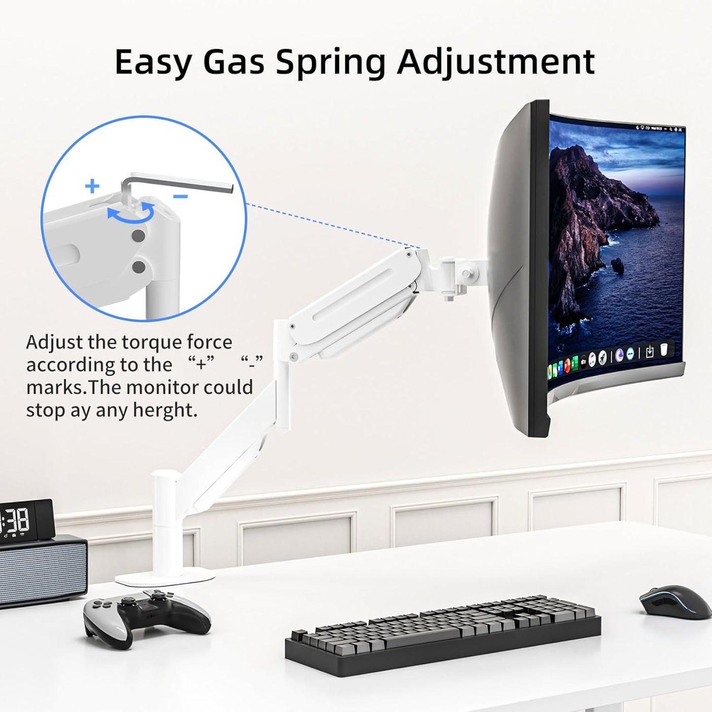 Suptek Single Monitor Mount,Ultrawide Monitor Arm Mount Single Desk Mount for 17 to 43 inch Curved Screen,Holds 28.6 lbs,Pneumatic Height,75/100 Vesa Mount,White(MD71MW)