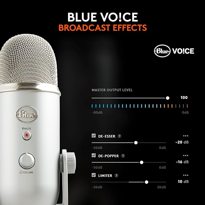 Blue Microphones Yeti Silver USB Mic for Recording, Streaming & Gaming on PC and Mac with Blue Voce Effects 4 Pickup Patterns, Headphone Output, Volume Control, Mic Gain Control, & Adjustable Stand
