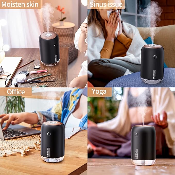SmartDevil Portable Mini Humidifier, 500ml Desk Plant Humidifier, USB Personal for Bedroom, Office with Night Light, 2 Mist Modes, Black