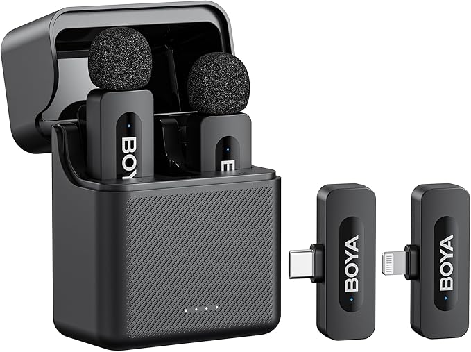 BOYA V3 Combo Wireless Microphone for iPhone/Andriod/PC/Laptop with USB-C/Lightning Port, 36H Battery Life with Charging Case, Noise Canceling Lapel Microphone Wireless Mini Mic for Video Recording