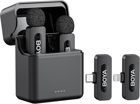 BOYA V3 Combo Wireless Microphone for iPhone/Andriod/PC/Laptop with USB-C/Lightning Port, 36H Battery Life with Charging Case, Noise Canceling Lapel Microphone Wireless Mini Mic for Video Recording