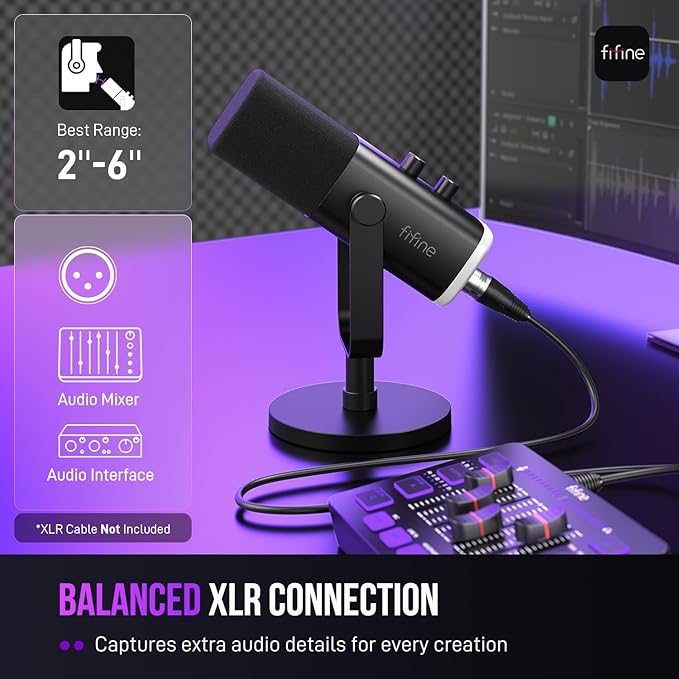 FIFINE USB/XLR Dynamic Microphone for Podcast Recording, PC Computer Gaming Streaming Mic with RGB Light, Mute Button, Headphones Jack, Desktop Stand, Vocal Mic for Singing YouTube-AmpliGame AM8