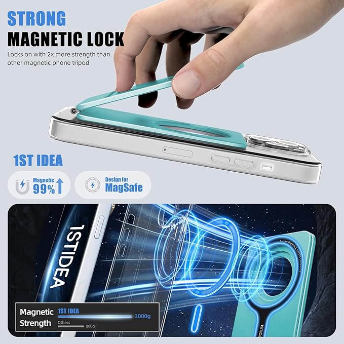 Phone Tripod Stand, Aluminum Alloy Mini Tripod Compatible with Magsafe iPhone 16/15/14/13/12 Series, Foldable Strong Magnetic Phone Stand, Mult-Angle Adjustment Selfie Stick (Ocean Blue)