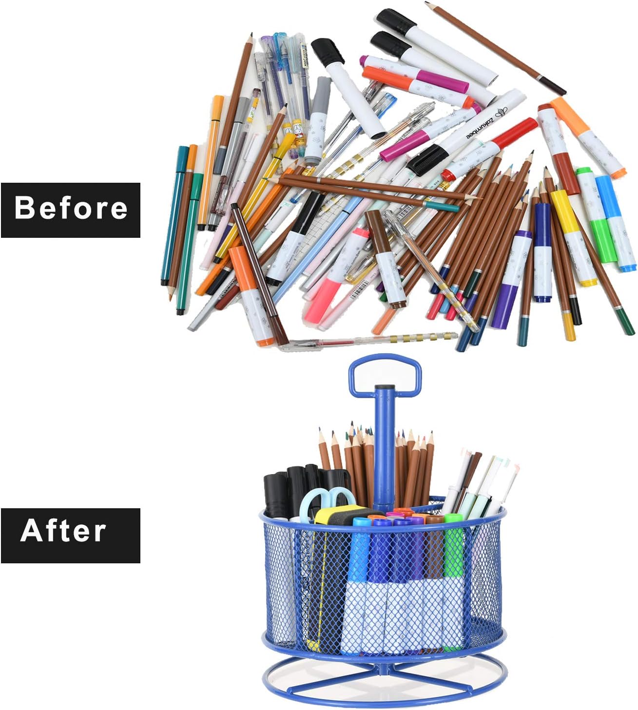 Marbrasse Mesh Desk Organizer, 360-Degree Rotating Multi-Functional Pen Holder, 4 Compartments Desktop Stationary Organizer, Home Office Art Supply Storage Box Caddy (Blue)