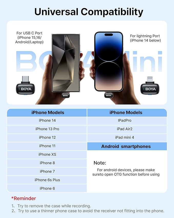 BOYA mini Wireless Microphone for iPhone/Android/PC/Tablets with USB C/Lightning Plug, MFi Certified, Noise Reduction, AI Voice Changer, 30H Battery Life with Charging Case for Video Recording Podcast