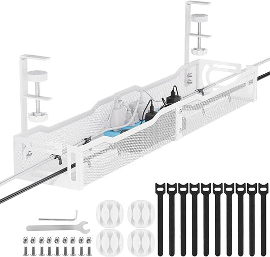 Cable Management, 25'' Cable Management Under Desk No Drill, Metal Cord Organizer with Clamp for Standing Desk, Cable Organizer for Home Office, White