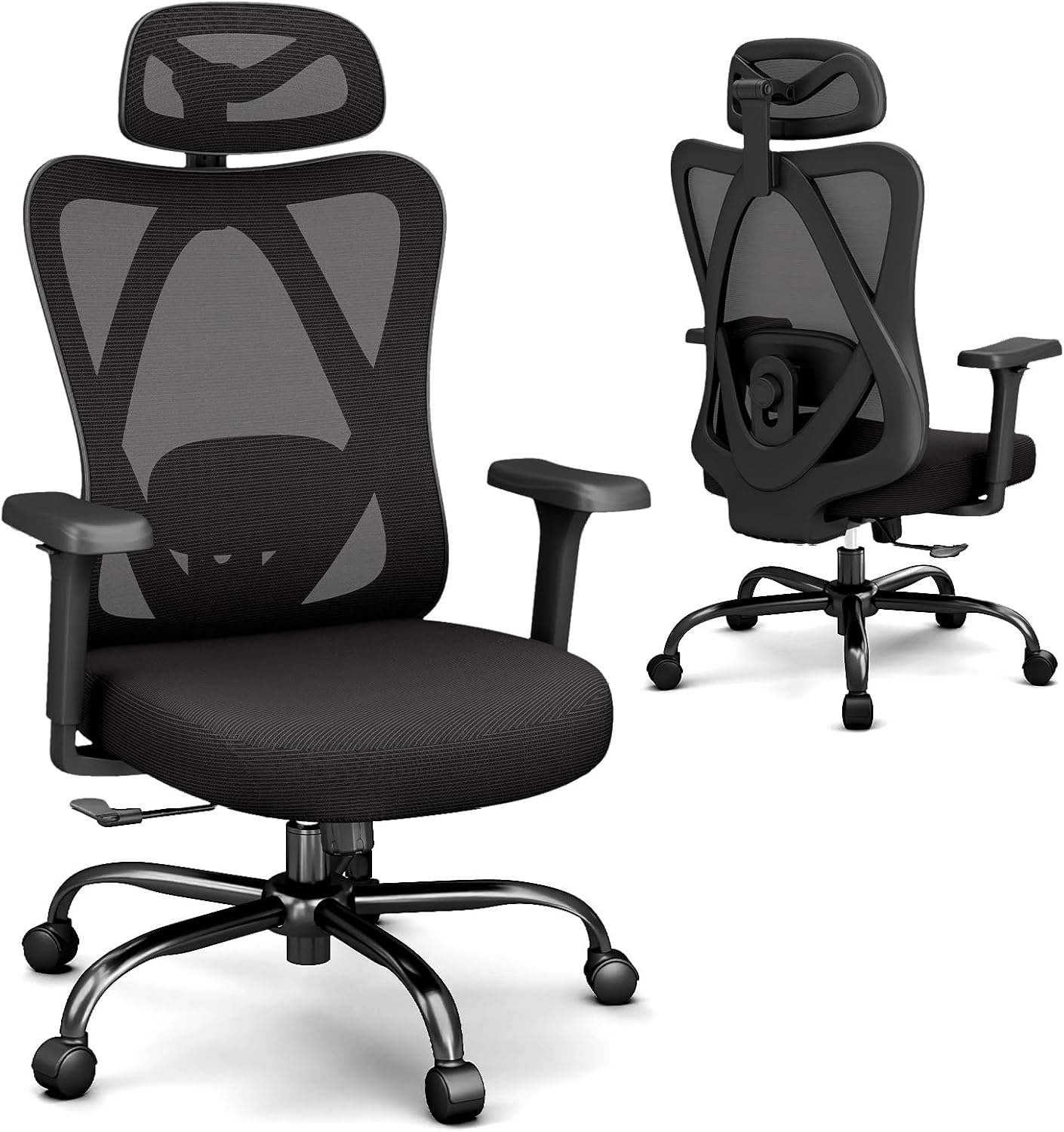 Ergonomic Office Chairs with Adjustable Headrest and Lumbar Support, High Back Mesh Home Computer Desk Chairs with 3D Armrest, 360° Swivel Wheels and Rocking Function, Black