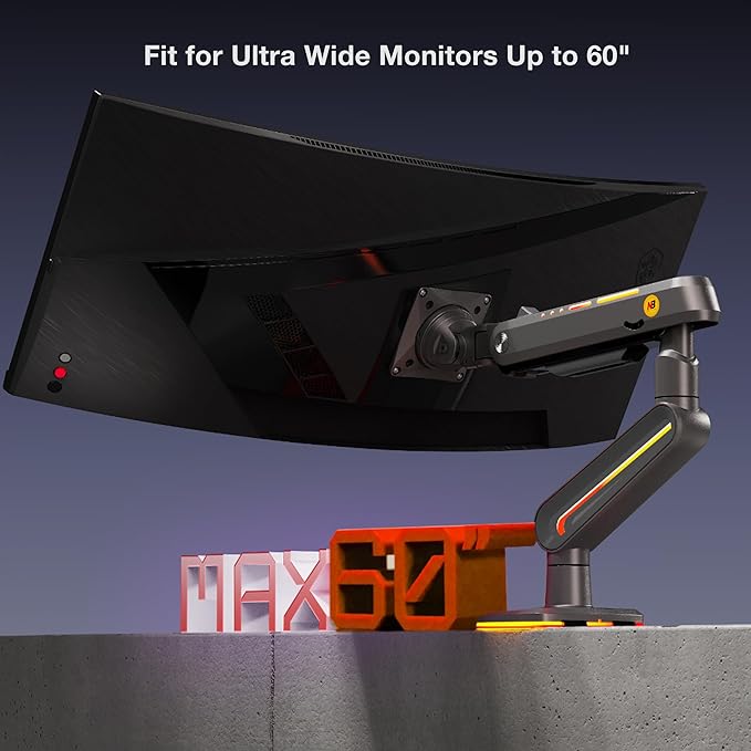 Gaming Monitor Arm for Flat/Ultrawide/Curved Monitors 32 to 60 inch, Heavy Duty Monitor Stand Load up to 20 kg, VESA 75/100 mm Mount G70-New (Grey Black)