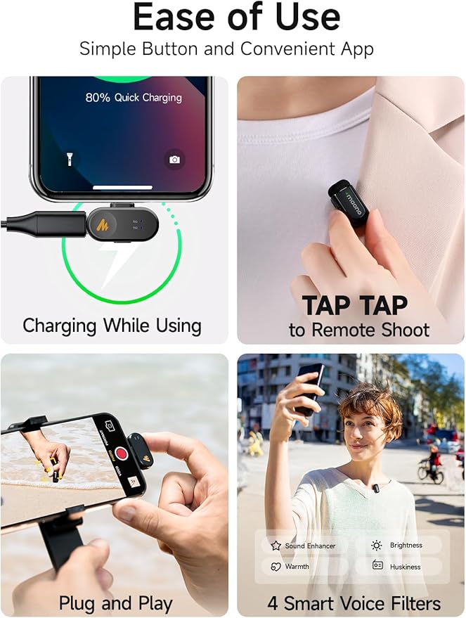 MAONO Wave T1 Mini Wireless Lavalier Microphone for iPhone 16 15 Android Tablet PC with USB-C Plug, Noise Cancellation, AI Voice Filter, 30H Used with Charging Case for Video Recording TikTok YouTube