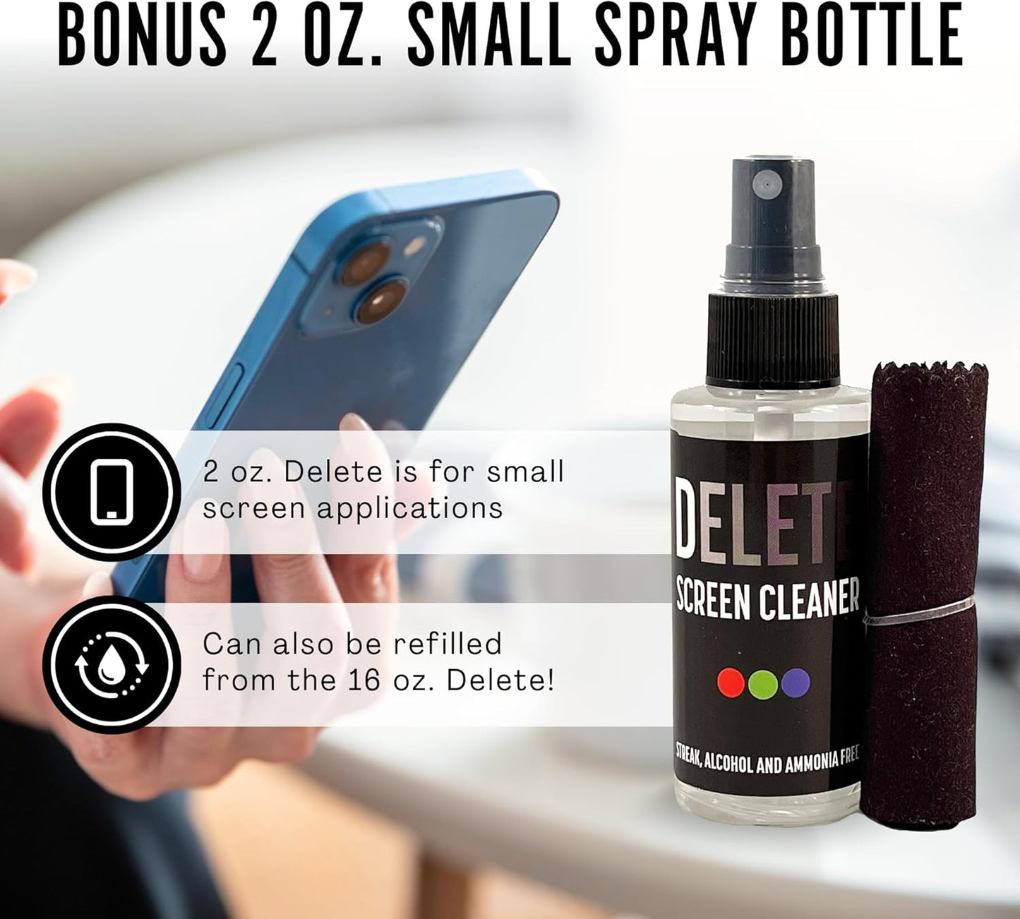 Delete Screen Cleaner Spray Kit, 4 Pack, 2oz Bottle and 12"x12" Microfiber Cleaning Cloth, Streak-Free, Safe and Gentle Formula, Multi-Purpose for Travel, Small TVs, Cameras, Laptops, Phones