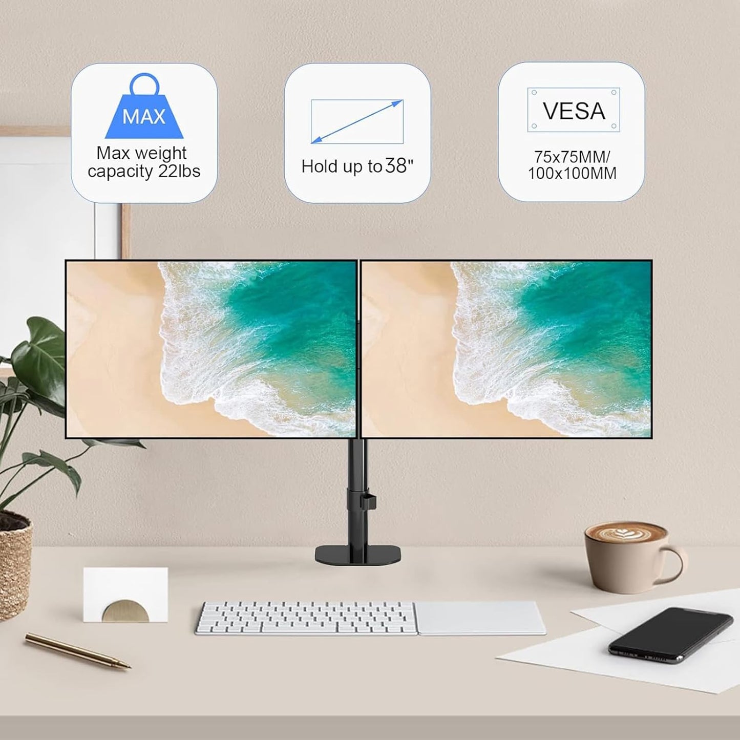 Pholiten Dual Monitor Stand,Heavy Duty Adjustable Monitor Desk Mount for 2 Screens up to 38Inches,Dual Monitor Arm with Height Adjustable Tilt Swive Rotate,Holds up to 22 lbs