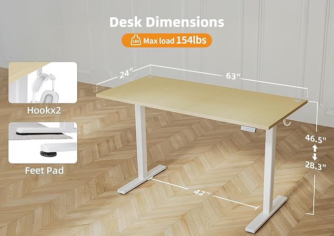Seang Standing Desk with Adjustable Height, 63x24 Inch Electric Stand Up Desk for Home Office, Studio, Computer Workstation, Nature Top
