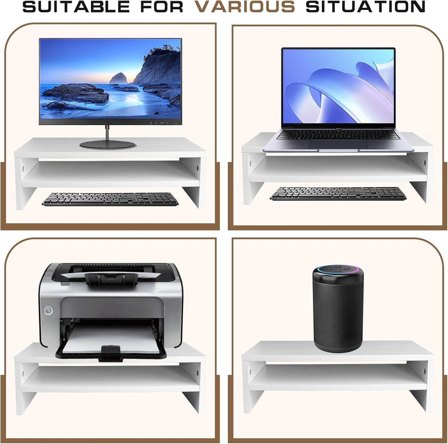 Monitor Stand Riser, 2 Tier Computer Stand, Desk Organizers and Accessories, Desktop Shelf with Storage for TV Screen PC Printer (White-18.9inch)