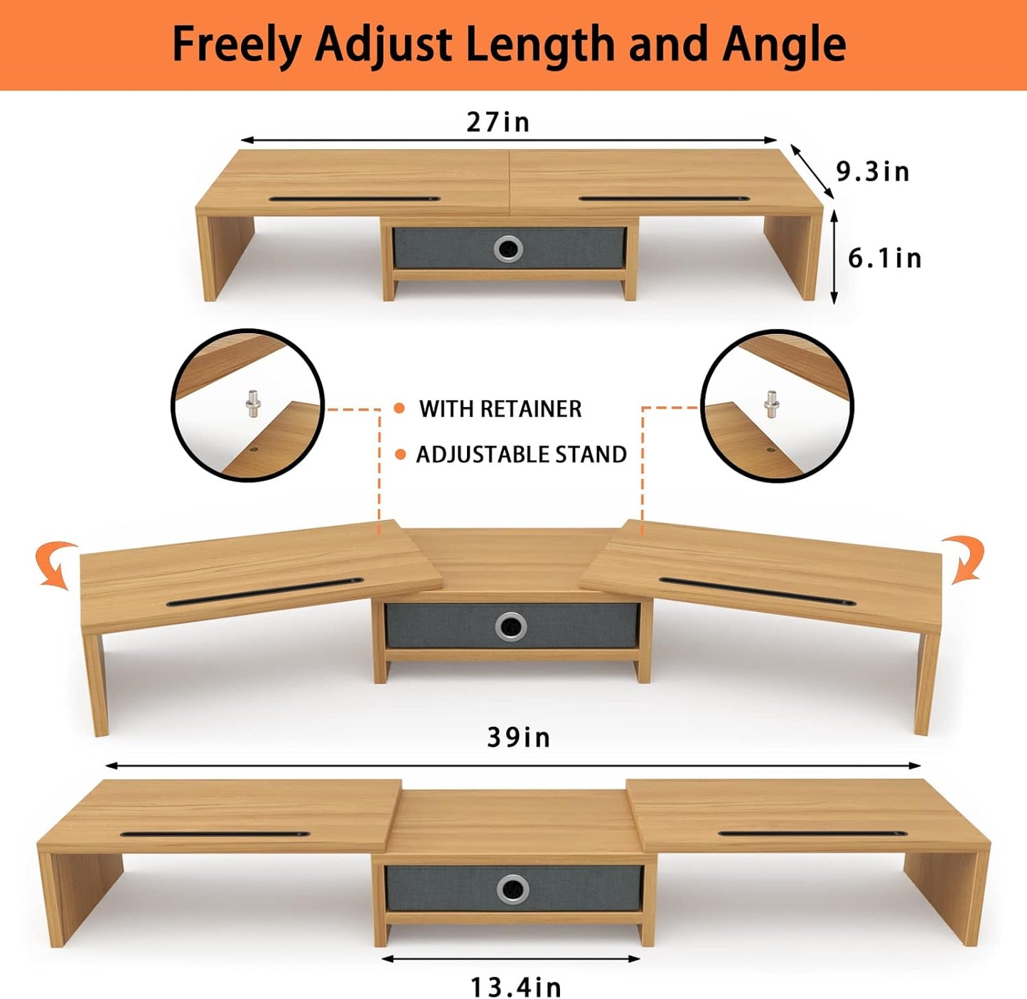 WESTREE Dual Monitor Stand Riser with Drawer - Adjustable Length and Angle, 2 Phone Hold, Desktop Organizer for Computer/Laptop/PC/Printer