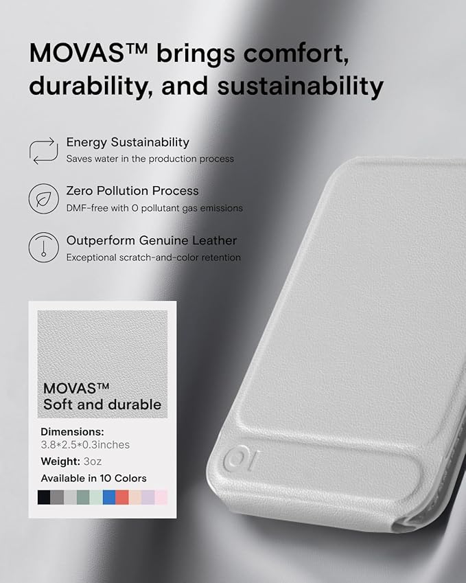 MOFT Phone Stand, Magnetic Phone Tripod Stand Stain-Resistant MOVAS Leather & Angle Adjustment & Strong Magnets Tripod for iPhone 16/15/14/13/12 (Included Metal Ring)-Misty Cove