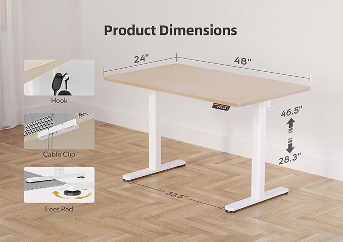 YDN Electric Standing Desk Adjustable Height, 48 x 24 Inches Stand up Desk with Cable Management, Home Office Desks with Splice Board & White Frame, Nature Top