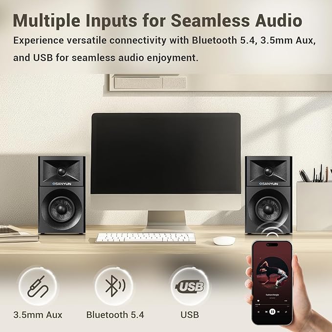 SW203 4.0 Computer Speakers - 60W 4-Way DSP Control 3D Immersive Sound - 3" Carbon Fiber Woofer & 20mm Silk Dome Tweeter - 24bit DAC USB/Bluetooth 5.4/AUX - Studio-Grade Audio (Pair, Red)