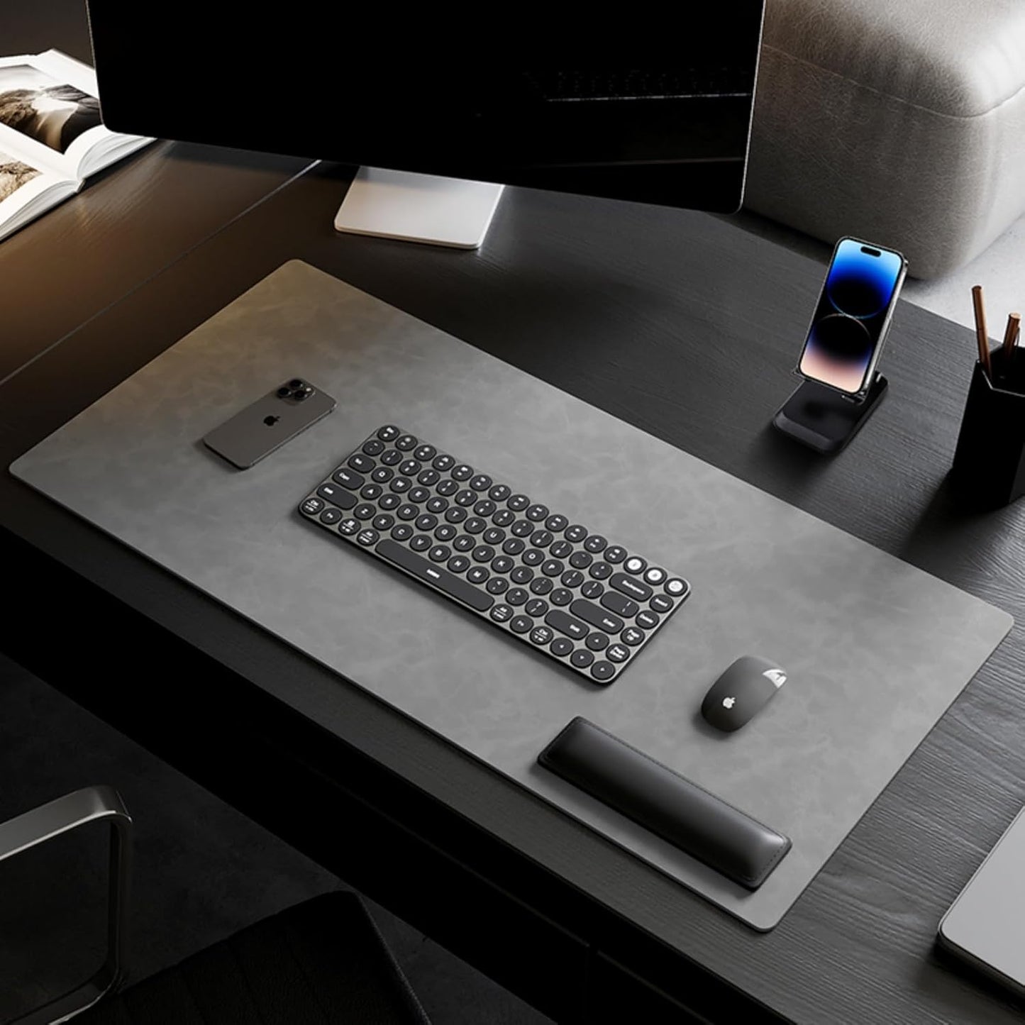 Leather Desk pad for Computer and laptops, Ideal for Gaming and Office use, Large Mouse pad and Keyboard mat,Desk mat for Man. A complimentary Wrist pad and Phone Stand.(Gray-White, 17.7" x 39.37)