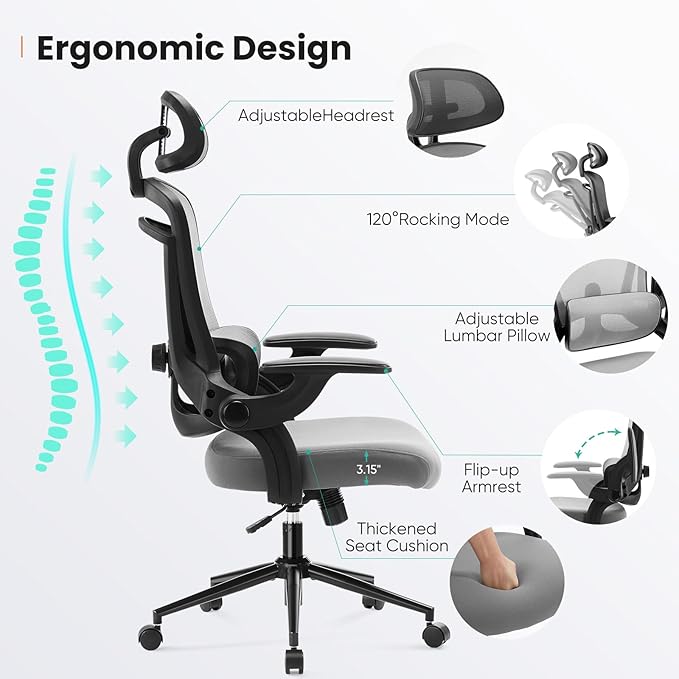Sweetcrispy Ergonomic Office Chair, High Back with 2D Headrest, Up&Down Lumbar Support, Swivel Computer Task Mesh Desk Chairs with Adjustable Flip-up Armrests, Classic Grey
