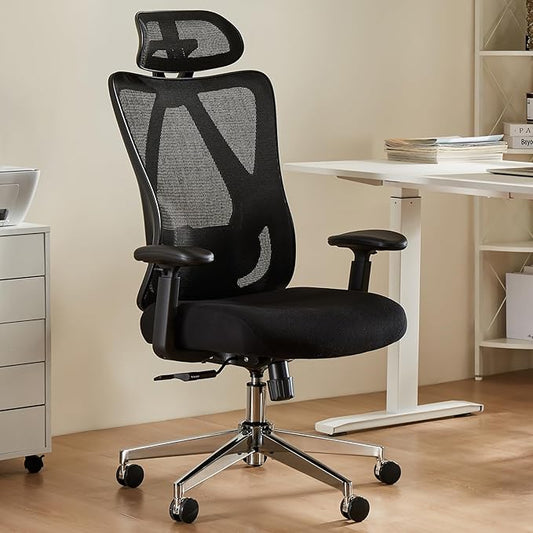 Sweetcrispy Ergonomic Office Desk Chair,2D Armrest Adjustable Lumbar Support & Headrest,High Back Rolling Work Swivel Computer Chairs with Wheels,135°Tilt Function,Inky Black