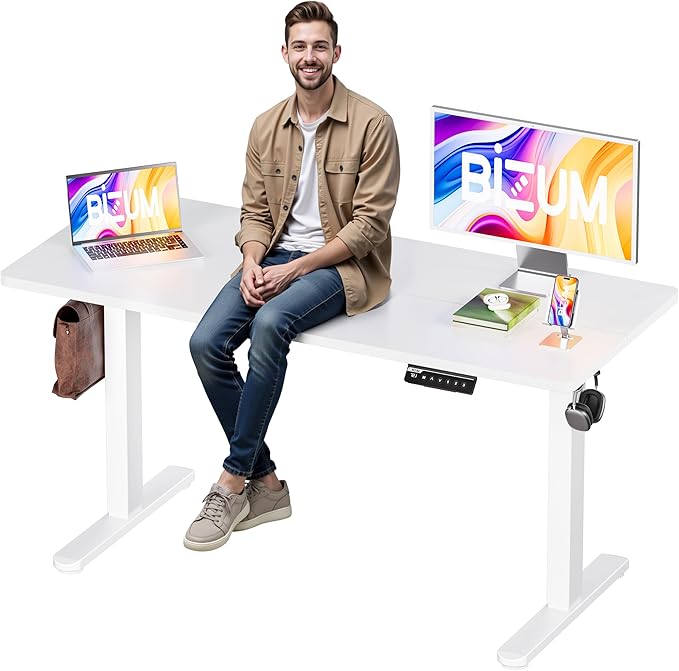 BIZUM Electric Standing Desk, 55x24 inches Height Adjustable Desk, Sit to Stand Desks Memory Gaming Computer Workstation for Home Office, White