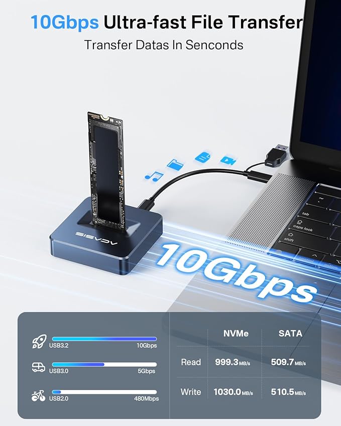 ACASIS M.2 NVMe & SATA to USB C Docking Station, NVME SSD Enclosure Adapter, USB 3.2 Gen 2(10 Gbps), Aluminium Alloy Housing, Support M.2 (M Key) NVMe and (B+M Key) SATA-Based SSD