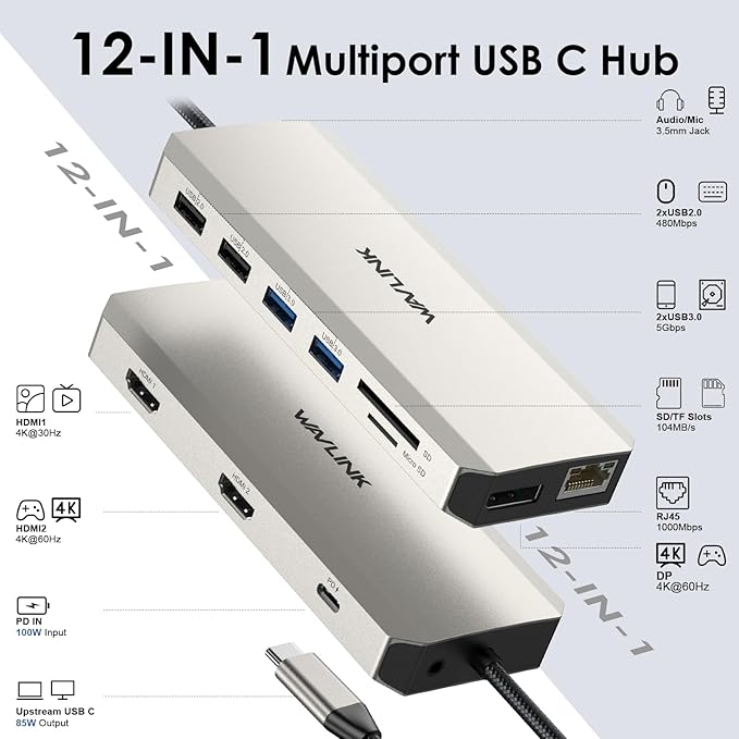 WAVLINK USB C Docking Station - Dual Monitor, Triple Display, 2 HDMI, DisplayPort, PD Charging, Ethernet, 5 USB, SD/TF Card Reader, Audio for MacBook, Dell, HP, Lenovo, Surface