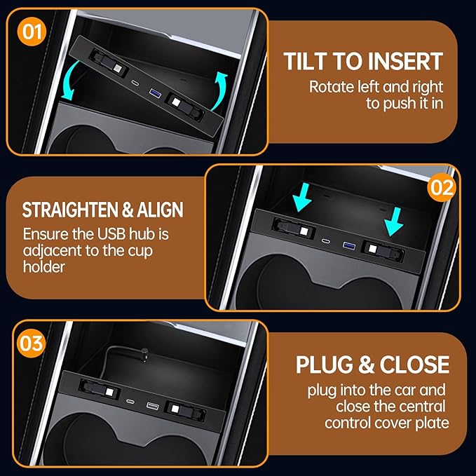 USB Hub for Tesla Model Y Juniper 2025 2026 Model 3 Highland 2024 2025 with Sunken Design, 117W Dual Type-C Retractable Cables 4 in 1 Multi Port Fast Charger Docking Station fit Center Console