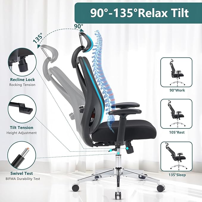Home Office Desk Chair,2D Armrest Adjustable Lumbar Support & Headrest,Ergonomic High Back Rolling Work Swivel Computer Chairs with Wheels,135°Tilt Function, Inky