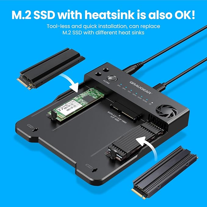 GRAUGEAR M.2 NVMe & SATA SSD/HDD Docking Station, USB-C 10Gbps Clone Station for M.2 PCIe NVMe + SATA 2.5”/3.5” SSD & HDD Converter, Offline Cloning, Tool-Free, Built-in Cooling Fan