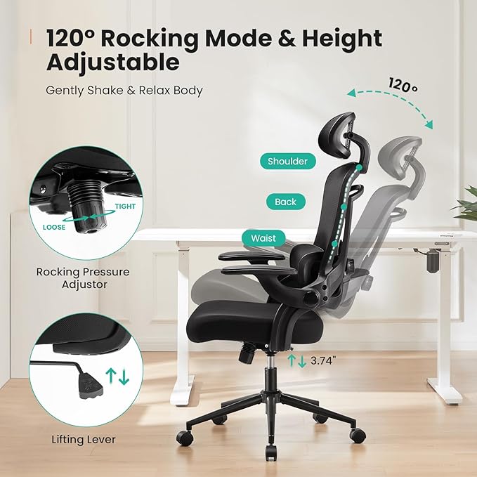 Sweetcrispy Ergonomic High Back Office Chair with 2D Headrest, Up&Down Lumbar Support, Swivel Computer Task Mesh Desk Chairs with Adjustable Flip-up Armrests, Classic Black