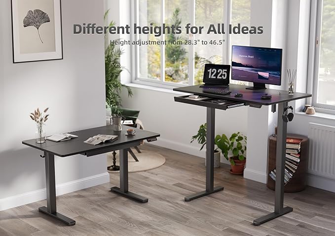 YDN Standing Desk with Drawers, 48 x 24 Inch Adjustable Height Stand Up Desk, Sit Stand Computer Desk for Home Office, Black