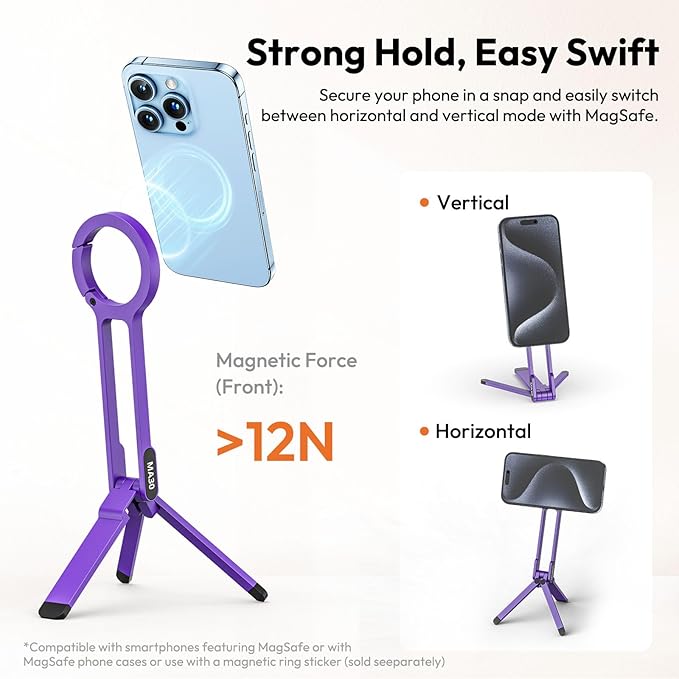 ULANZI MA30 Magnetic Phone Tripod Stand for iPhone - Aluminium Maglock Smartphone Mini Tripod Pocket Cell Phone Stand Strong Magnet Quick Mount Compatible with iPhone 16 15 14 13 12 Series, Purple