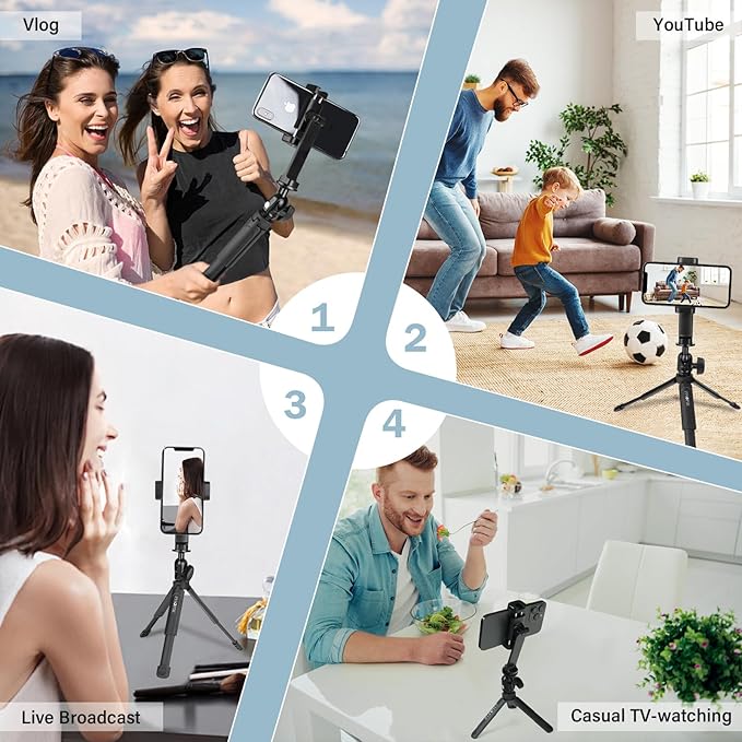 PHOPIK Video Tripod with 360°Ball Head and Cold Shoe for Gopro/Camera/Insta360 x5-Selfie Stick Tripod for iPhone/Android/Samsung Google Smartphone