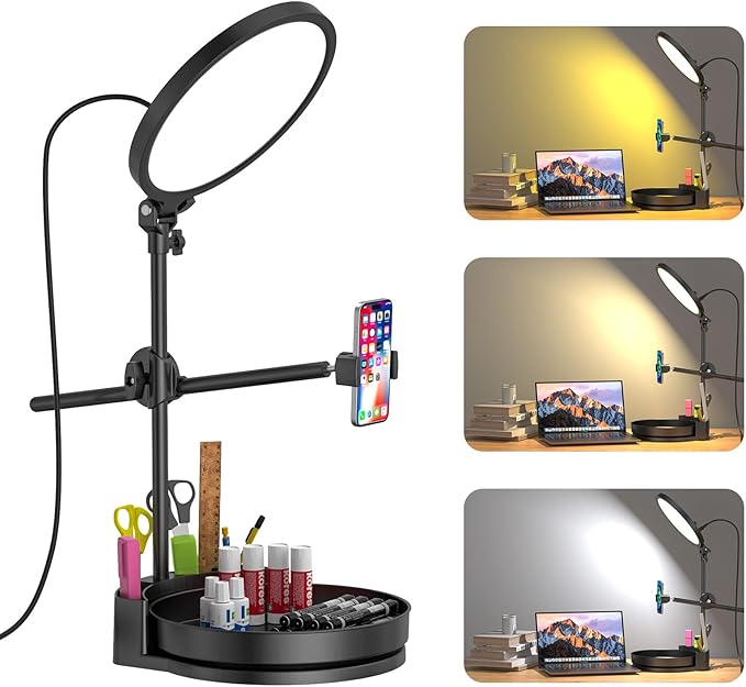 Desk Ring Light with Stand,55W Dimmable Full Screen Ring Light,with Rotating Storage Box,Pen Holder Stand,Phone Holder&Controller (Black, 10.5)