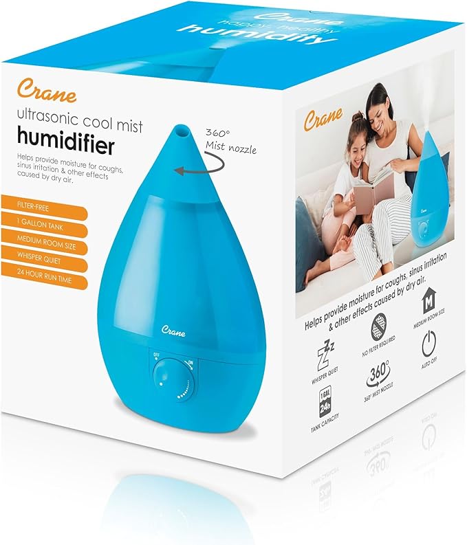 Crane Ultrasonic Cool Mist Humidifier for Bedroom, Baby Nursery, Kids Room, Plants, or Office, Large 1 Gallon Tank, Filter Optional, Aqua