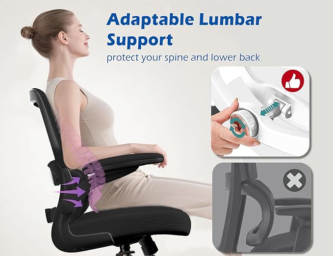 TRALT Ergonomic Office Chair - Desk Chair with Adjustable Lumbar Support Computer Chair - Mesh Comfy Chair with Flip-up Armrests - Gaming Chairs for Adults Home Office (Leather, Black)