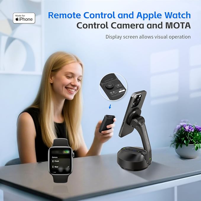 MOTA Tripod Stand Only for iPhone, Foldable Gimbal Stabilizer with Remote Control, 2 Axis Phone Stand for Video Recording with Megnetic Holder for Desk, 360 Degree Tracking Gimbal for All Apps