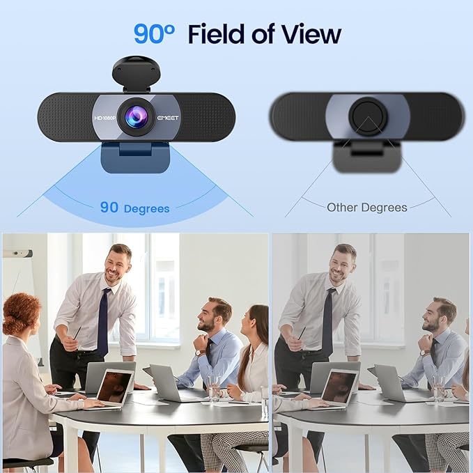 EMEET 1080P Webcam, C960 Web Camera with 2 Noise-Cancelling Microphones & Privacy Cover, 90° FOV Computer Camera, Plug & Play USB Webcam for Calls/Conference, Zoom/Skype/YouTube, Laptop/Desktop, Grey
