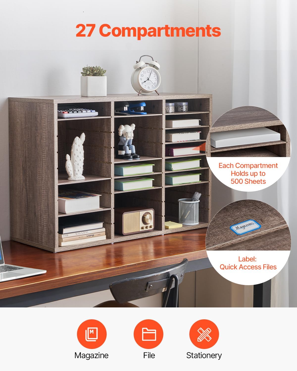 VEVOR Literature Organizer, 27 Compartments Office Mailbox with Removable Shelves, Wood Mailbox Sorter Particle Board Office Home Classroom Storage, File Sorter for File, Document, Paper, Black-Grey