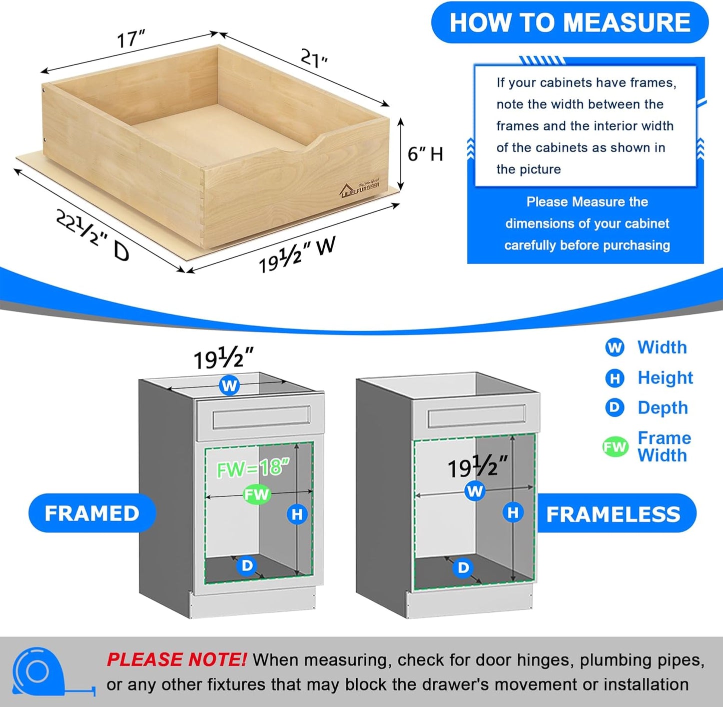 WelFurGeer Soft Close Pull Out Drawers for Kitchen Cabinets, 17" W x 22" D Pull Out Cabinet Organizer, Premium Birchwood Pull-Out Cabinet Drawers, Smooth Slide-Out Shelves for Kitchen Cabinets