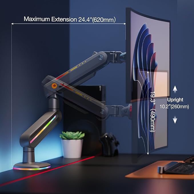 Gaming Monitor Arm for Flat/Ultrawide/Curved Monitors 32 to 60 inch, Heavy Duty Monitor Stand Load up to 20 kg, VESA 75/100 mm Mount G70-New (Grey Black)