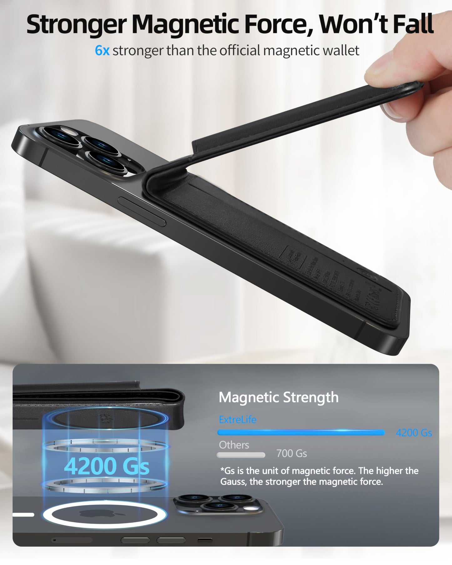 for Magsafe Wallet, Works with Apple Find My, Strongest Magnetic Wallet for iPhone 16/15/14/13/12 Series, for iPhone Walle t with Adjustable Stand, 3 Card Slots, 6 Cards Holder, Vegan Leather, Black