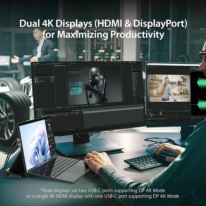 j5create USB C Dual 4K60 Display Docking Station (12-in-1), Built-in M.2 SSD Slot, HDMI, DisplayPort, 10Gbps USB-A, Card Reader, PD 100W, Ethernet, for Surface Pro 7/8/9/11 (JCD551)