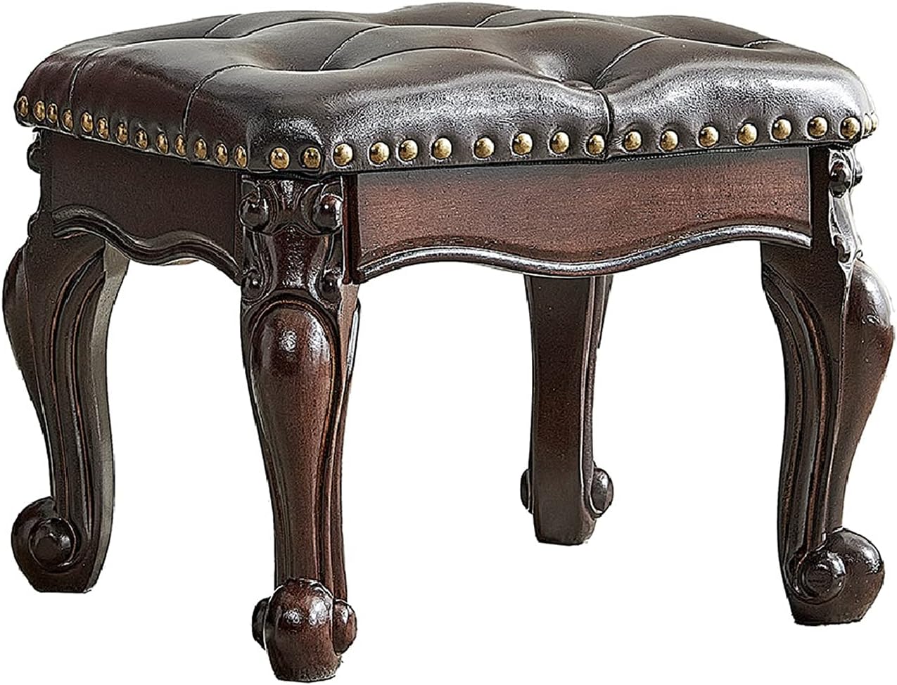 LEILISI Small Footstool Brown Leather Ottoman,Vintage Carved Upholstered Footrest, Rubber Wooden Foot Rest Stool Sofa Stool (Black-Brown)