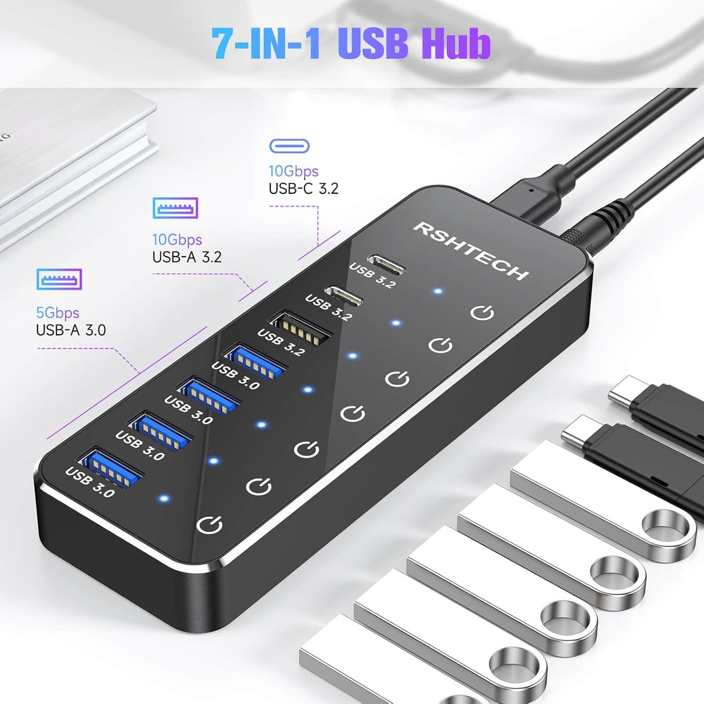 RSHTECH 7-Port Powered USB 3.2/USB C Hub with 10Gbps USB-A 3.2, 2 USB-C 3.2, 4 USB 3.0 Ports, Individual Touch Switches, 3.3ft Cable and 5V Power Adapter, USB Hub Splitter for Laptop/PC, RSH-ST07C