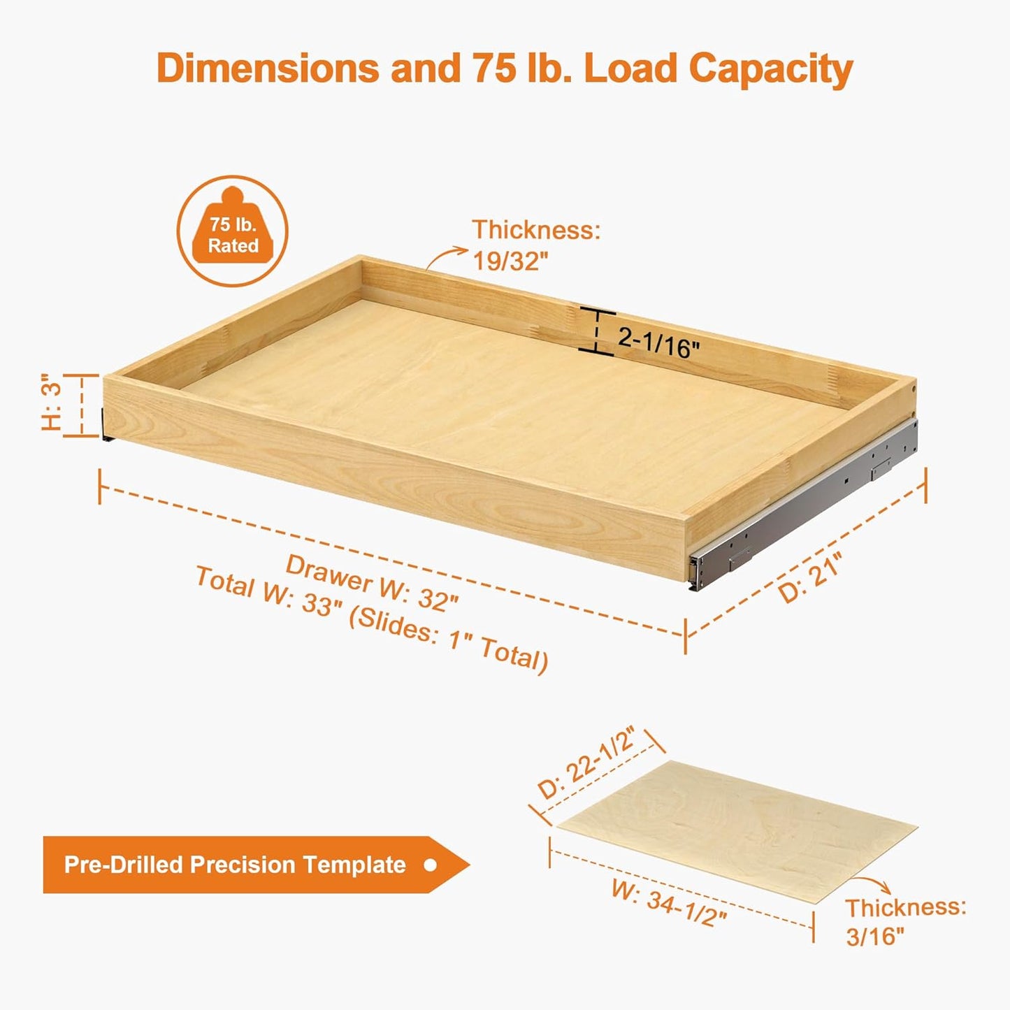 ALINE FURNITURE Birch Pull Out Drawers for Cabinets, 32" W x 21" D Slide Out Shelves for Kitchen Cabinets, Fits 33" Opening, Soft-Close 75-lb Slides, with Pre-Drilled Wood Template, Cabinet Organizer