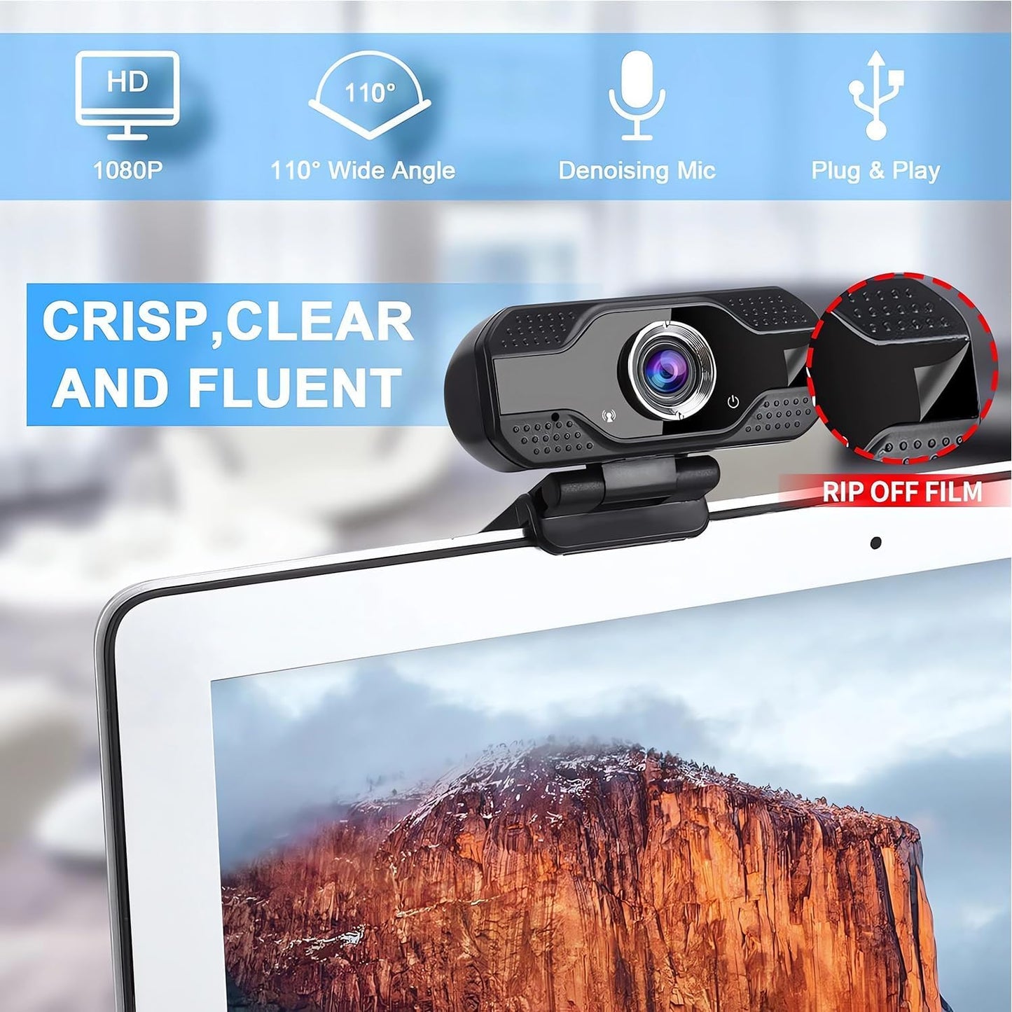 Full HD 1080p Webcam with Privacy Shutter and Tripod, Video and Wide Angle Camera, Built-in Mic, Widescreen USB Computer Camera for Laptop Desktop